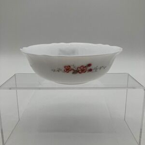 Arcopal France Bowl 6.5" White Pink Floral Scalloped Rim Vintage